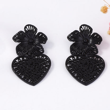 Exquisite Oversized Alloy Spray-Painted Hollow Heart-Shaped Floral Coconut Shell Drop Earrings for Elegant Ladies - Perfect for Parties and Special Occasions