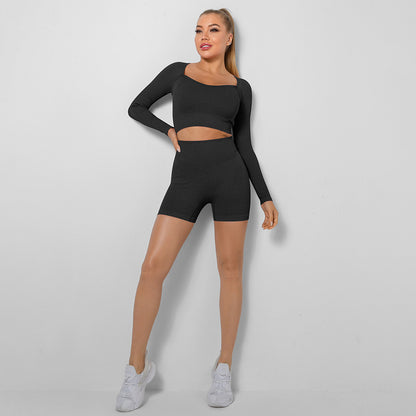 Seamless Ribbed Square Neck Long Sleeve Crop Top and Shorts Yoga Set for Women for Sports Running and Fitness Two Piece Activewear with Comfortable Stretch