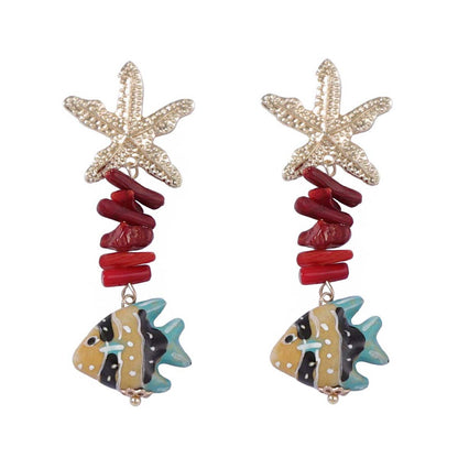 Stylish Summer Ocean-Inspired Alloy Starfish and Seashell Long Earrings with Colorful Fish - Trendy Unique Jewelry for Women