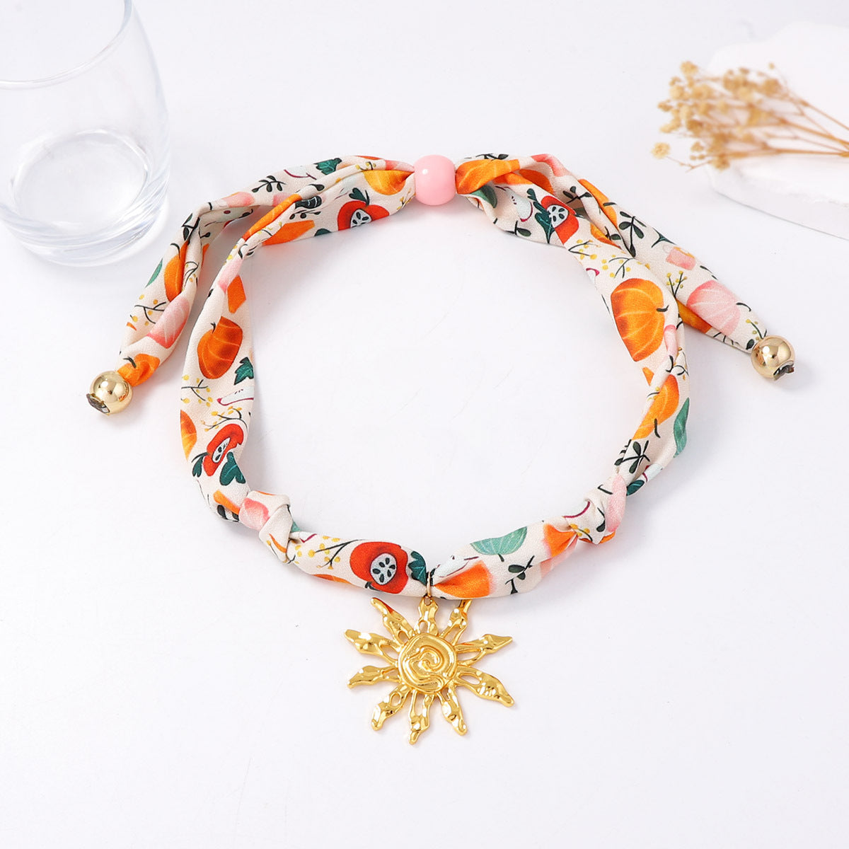 Stylish  Colorful Silk Scarf Necklace with Unique Alloy Sunflower Pendant and Adjustable Drawstring for Effortless Elegance
