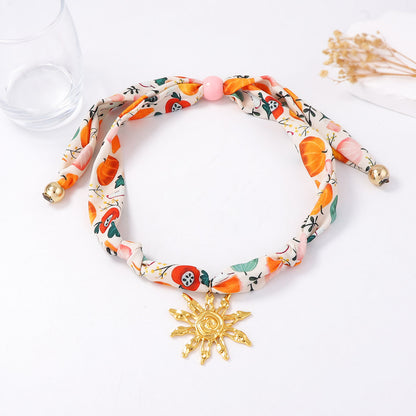 Stylish  Colorful Silk Scarf Necklace with Unique Alloy Sunflower Pendant and Adjustable Drawstring for Effortless Elegance