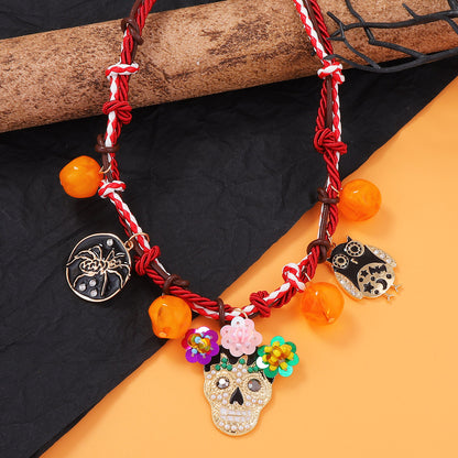 Chic Halloween Necklace - Braided Alloy Oil Drop Spider, Owl, and Skull Pendant with Delicate Pearl Accents for Women - Perfect Accessory for Spooky Season