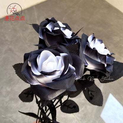 Stunning Faux Black Knight Rose Series – Crystal Ice Blue Ombre Silk Flowers for Halloween Decorations and Photography Props