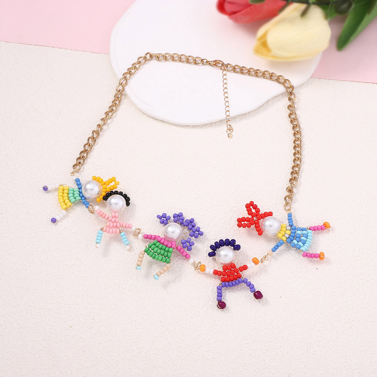 Charming Japanese-Korean Handmade Cartoon Beaded 3D Miniature Character Lock Chain Necklace – Adorable Casual Style for Everyday Wear