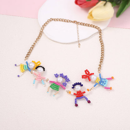 Charming Japanese-Korean Handmade Cartoon Beaded 3D Miniature Character Lock Chain Necklace – Adorable Casual Style for Everyday Wear