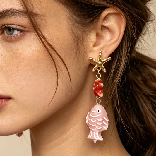 Charming Summer Ocean Breeze Earrings Featuring Sweet and Cute Fish and Starfish Designs - Versatile Women's Jewelry for Every Occasion