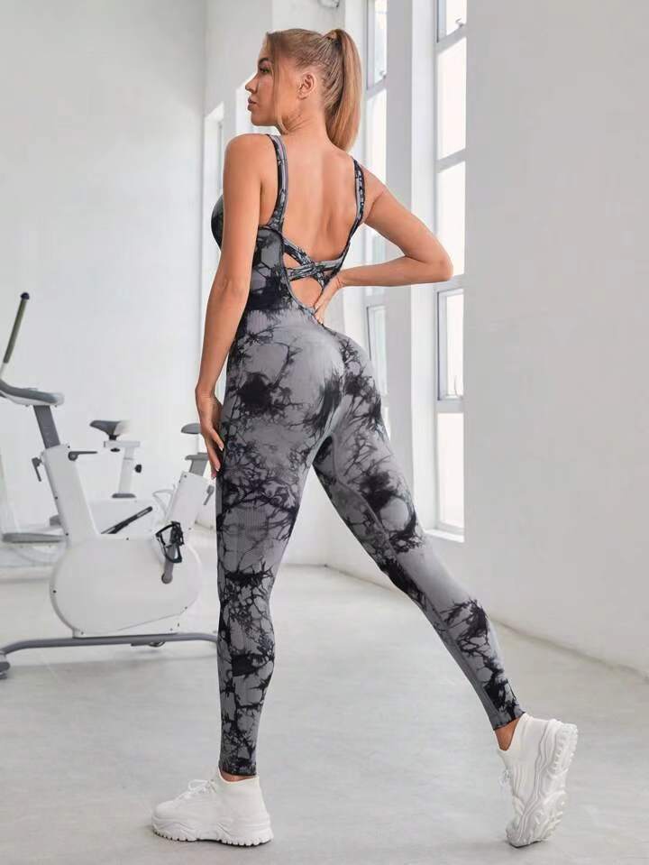 Women's Tie Dye Yoga Bodysuit Peach Lifting One Piece Workout Outfit for High Intensity Fitness