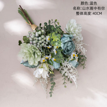 Stunning Faux Flower Bouquet & Wall Decor with Mountain & Water Landscape Design – Perfect for Weddings & Special Events | Realistic Roses CF01460