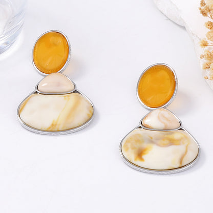 Elegant Vintage French-Inspired Alloy Resin Geometric Button Earrings - Versatile Daily Wear Accessories for Women