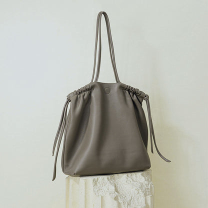 Japanese Inspired Casual One Shoulder Tote Bag Spacious Unique Design for Commuting Genuine Leather with Drawstring Closure