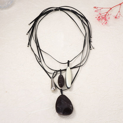 Stylish Vintage-Inspired Multi-Layer Leather and Geometric Resin Necklace for Women - Unique CCB Pendant Jewelry