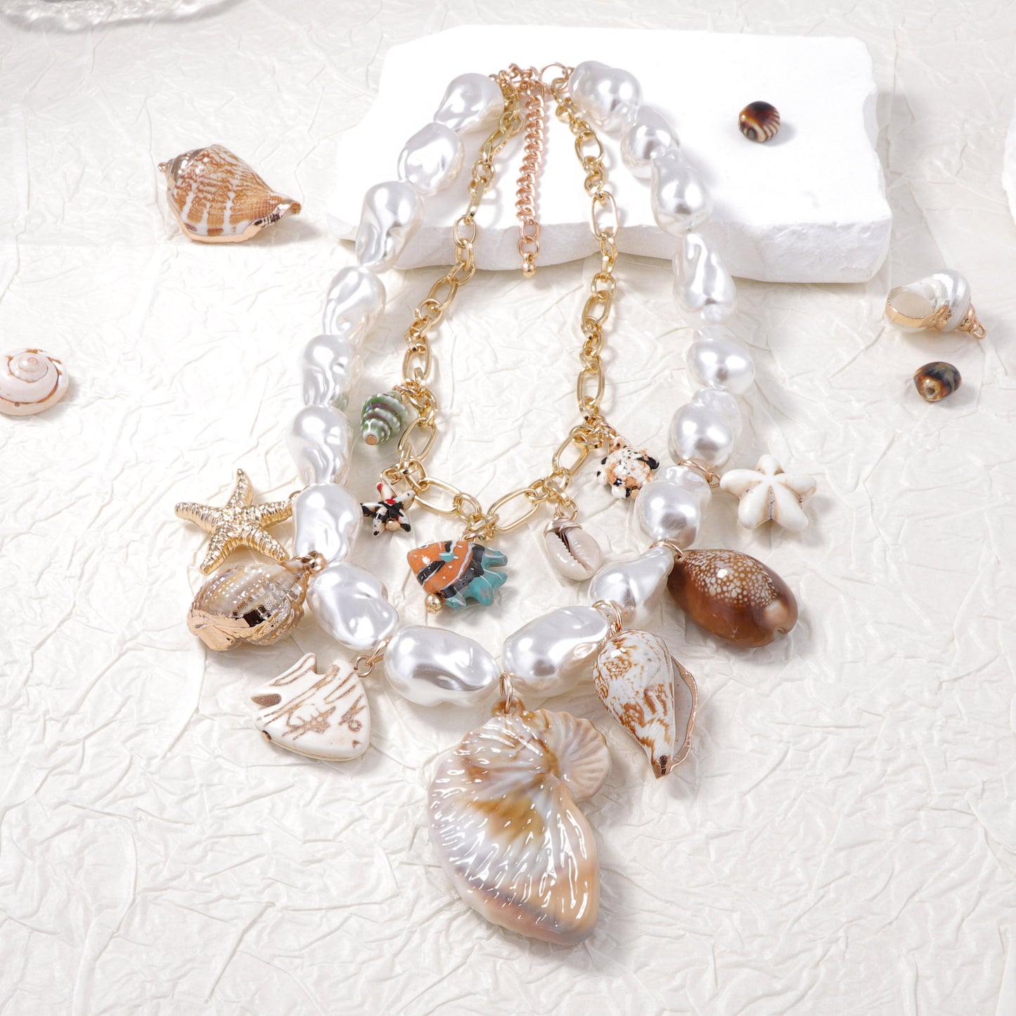 Stylish Personalized Baroque-Inspired Ceramic Pearl Alloy Shell Pendant Necklace - Double Layered Design for Women