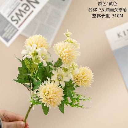 7-Head Artistic Oil Painting Ball Chrysanthemum Home Decor - INS Style Faux Flowers for Wedding and Celebration - Model MW81003