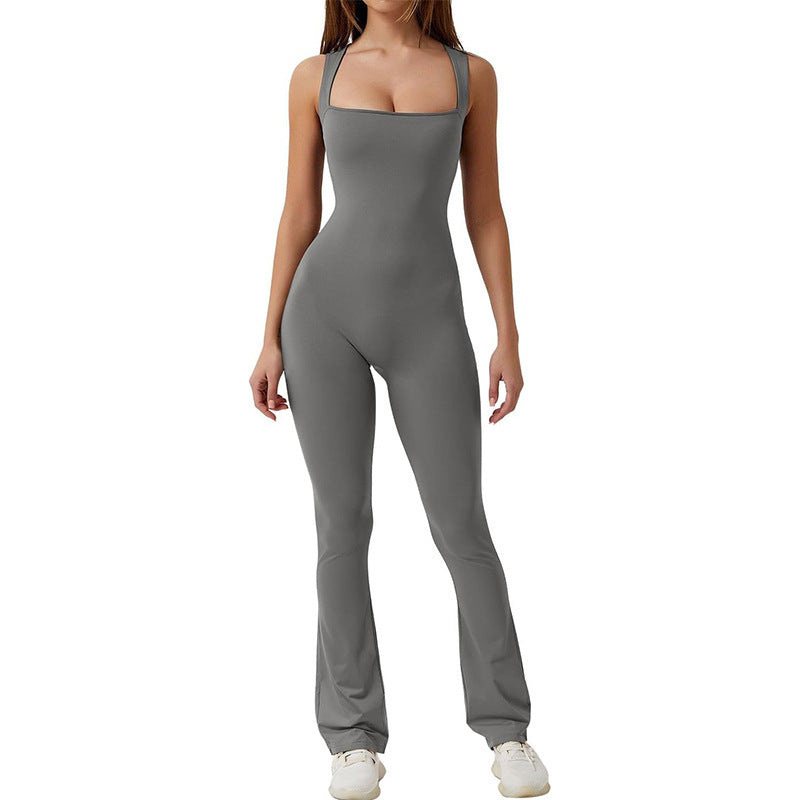 Seamless Summer Square Neck Tank Top Flared Pants Yoga Jumpsuit and Comfortable Activewear for Relaxed Yoga Practice