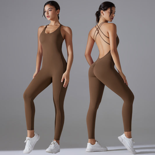 Peach Butt Enhancing Yoga Bodysuit with Cross Back Straps Quick Dry Form Fitting All in One Running Outfit for Comfort and Support