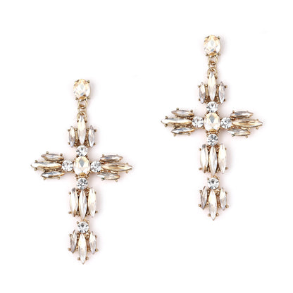 Trendy Creative Statement Geometric Cross Alloy Earrings with Sparkling Gemstones – Versatile Fashion Accessory for Any Occasion