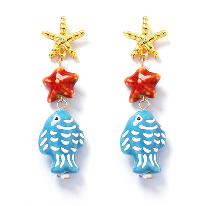 Charming Summer Ocean Breeze Earrings Featuring Sweet and Cute Fish and Starfish Designs - Versatile Women's Jewelry for Every Occasion