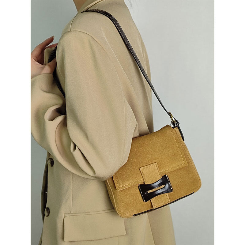Chic Suede Messenger Bag for Fall Winter Versatile Genuine Leather Small Square Crossbody Purse Vintage Shoulder Bag