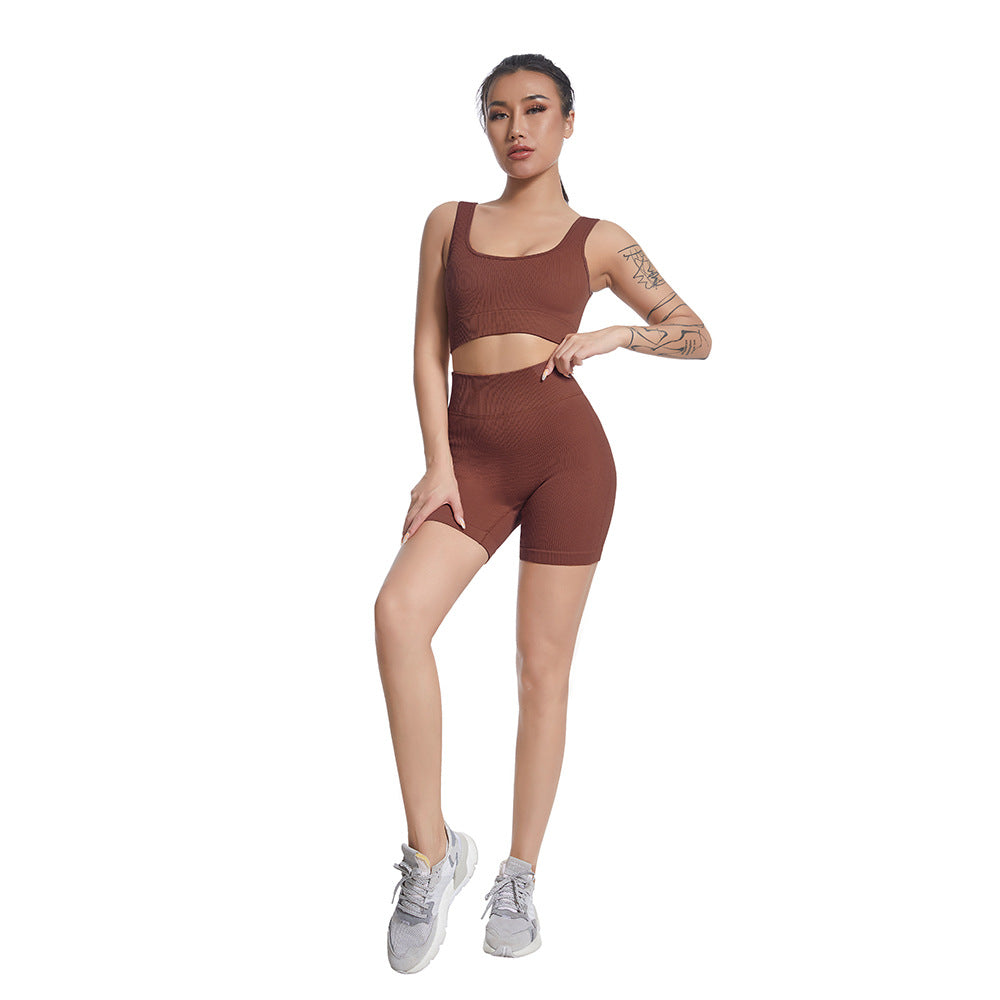 Seamless V Neck Ribbed Yoga Outfit Set for Women Striped Sports Bra and High Waisted Compression Shorts for Comfort and Flexibility