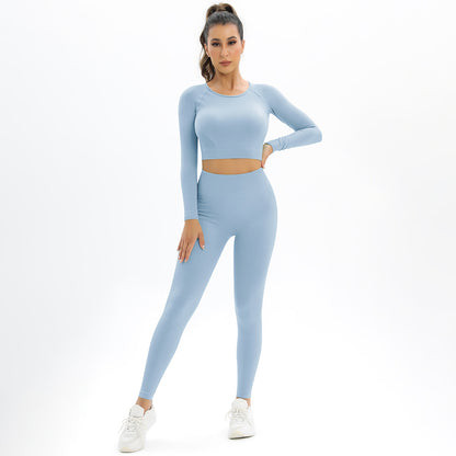 Seamless Knit Round Neck Open Back High Elastic Long Sleeve Yoga Set for Women and Comfortable 2 Piece Workout Ensemble for Running and Training