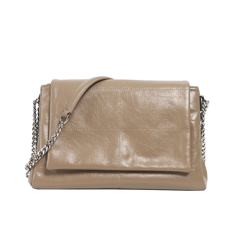 Genuine Leather Women's Korean Style Bohemian Bag Fashionable Minimalistic Spacious Shoulder and Crossbody Purse with Chic Chain Strap for Everyday Use
