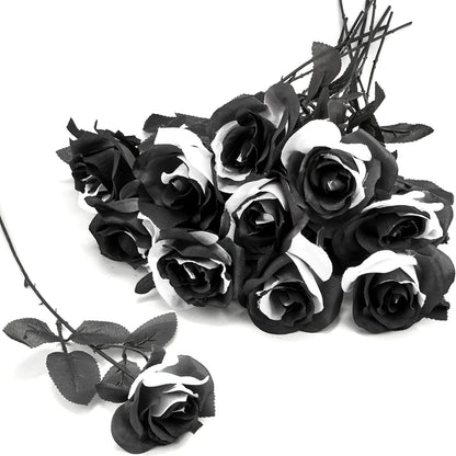 Single Black and White Rose Artificial Silk Flower - Perfect for Halloween Party Decorations, Wedding Photography Props, and Elegant Home Décor