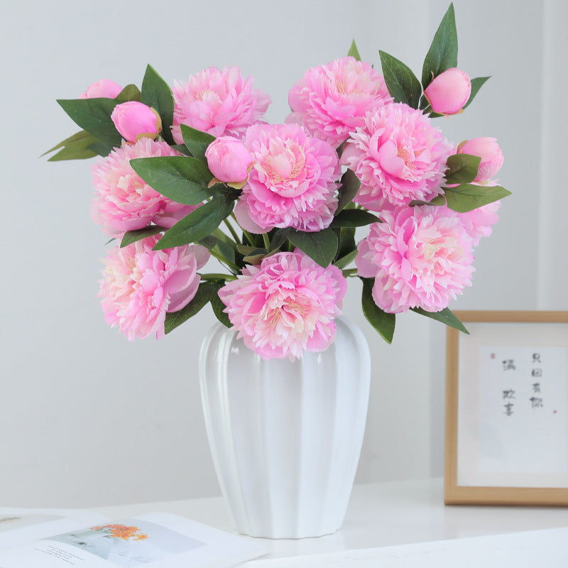 Elegant European-Inspired Single Stem 3-Head Peony Faux Floral Arrangement for Home and Outdoor Décor, Perfect for Event Styling and Photography