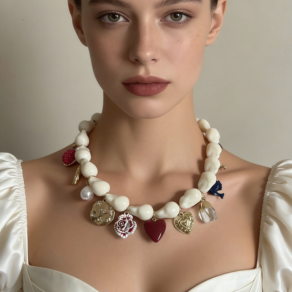 Stunning Minimalist Baroque-Inspired Faux Pearl Drop Oil Alloy Heart Insect Flower Pendant Necklace for Women - Elegant and Unique Collarbone Chain