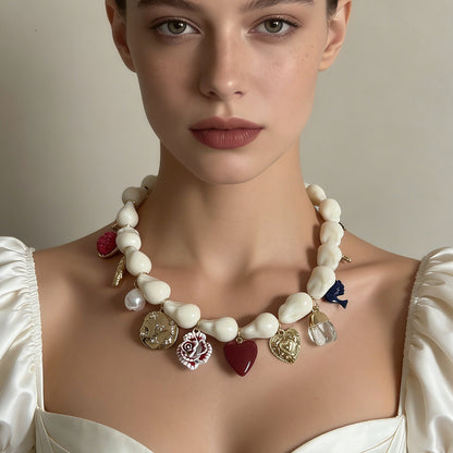 Stunning Minimalist Baroque-Inspired Faux Pearl Drop Oil Alloy Heart Insect Flower Pendant Necklace for Women - Elegant and Unique Collarbone Chain