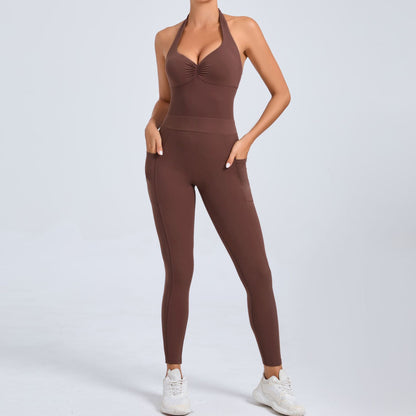 Backless Yoga Jumpsuit for Women Adjustable Neck Design with Side Pockets for Dance and Fitness