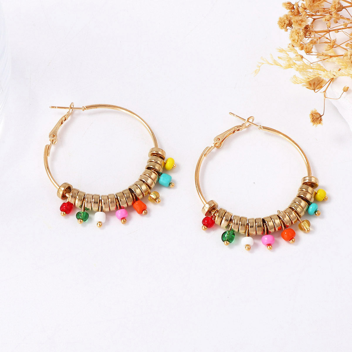 Bohemian-Inspired Statement Earrings: Unique Round Beaded Alloy Geometric Drop Earrings for Women - Trendy Thai Design