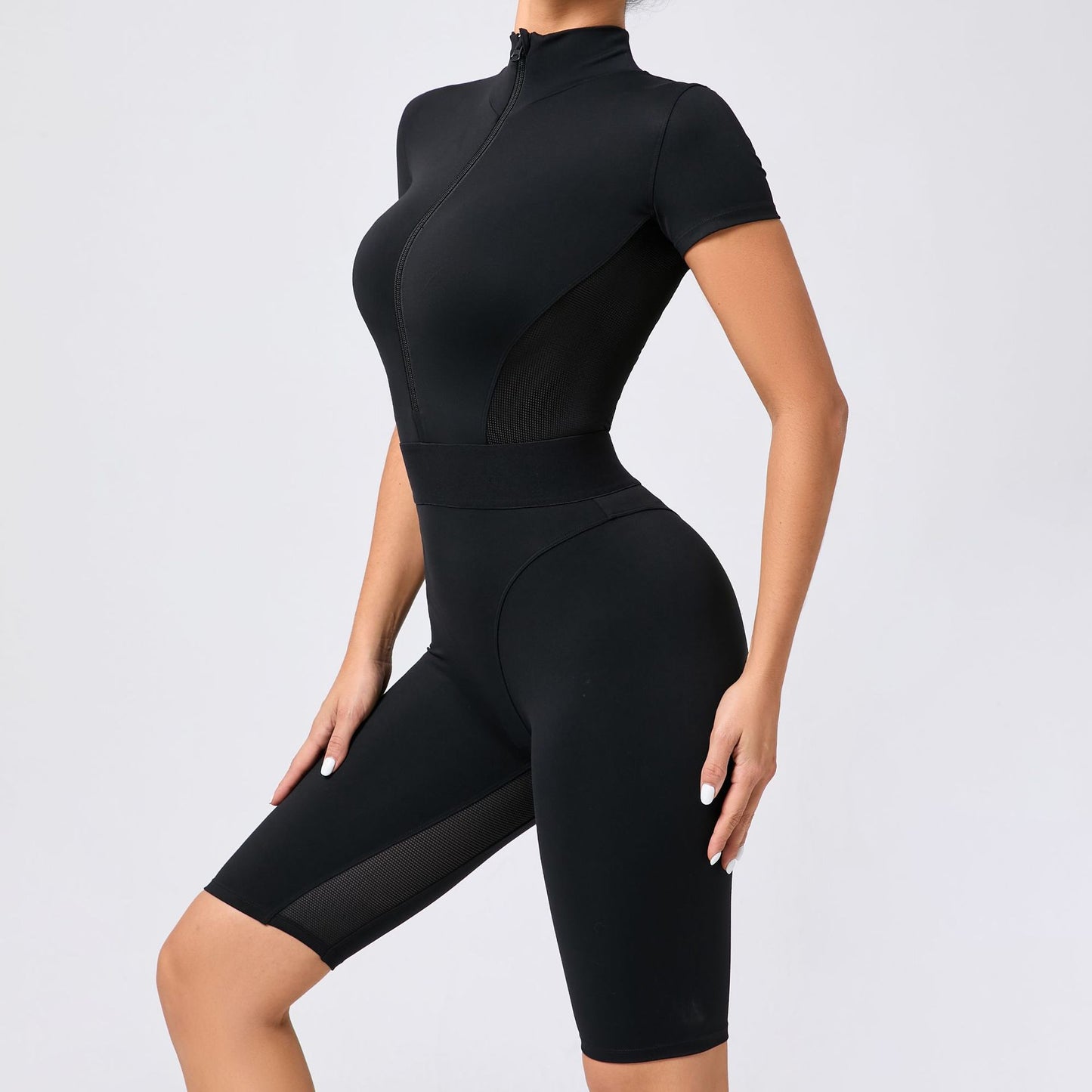 Women s High Waisted Zippered Short Sleeve Yoga Jumpsuit Breathable Mesh Fitness Bodysuit for Comfort and Style