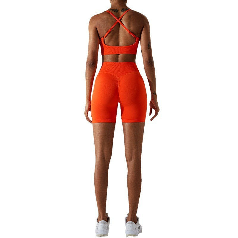 Seamless High Waisted Peach Lift Yoga Shorts and Cross Back Sports Bra Set for Women Comfort and Style for Your Workout Routine