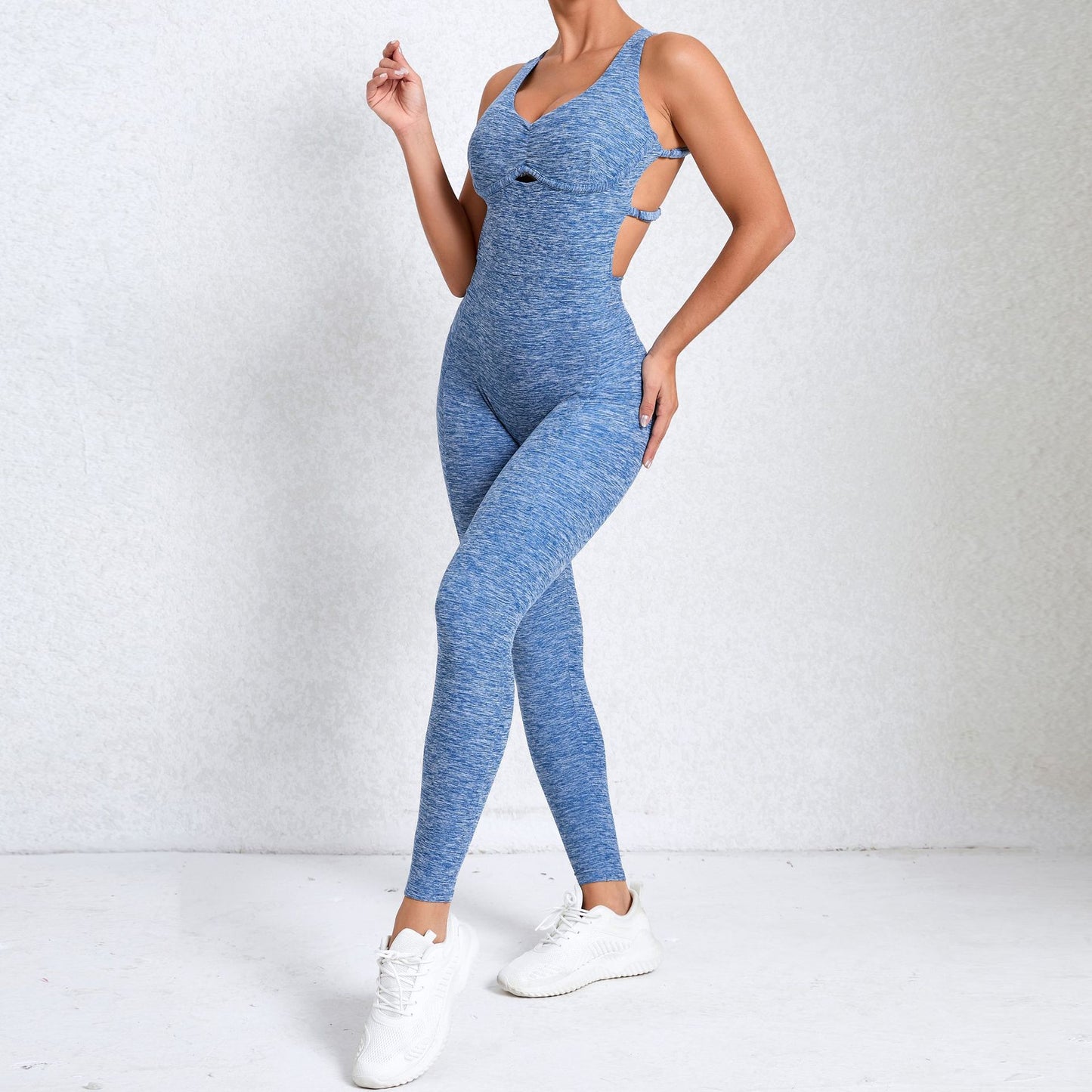 Autumn Winter Ruched Cut Out Yoga Jumpsuit with Flattering Back Design for Activewear Gym and Yoga Sessions