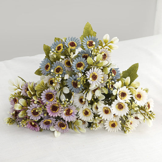 Charming European Vintage-Look Faux Daisy Bouquet with 15 Autumn Sunflowers – Perfect for Living Room or Dining Table Decor