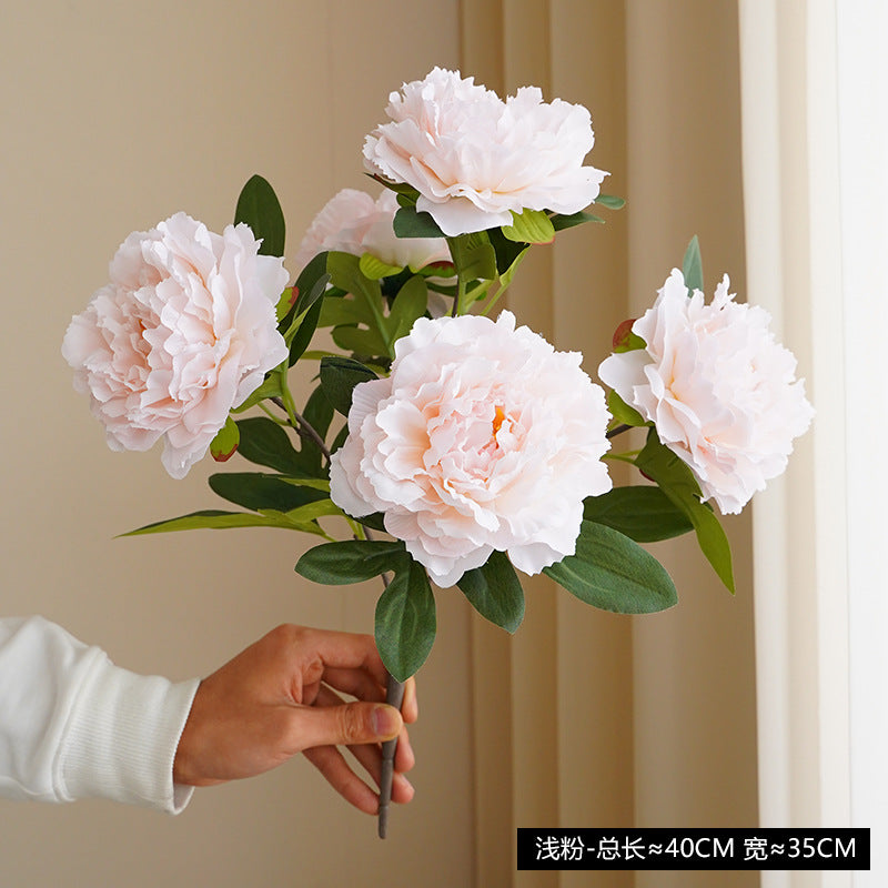 Realistic Faux Peonies Bouquet - 5 Artificial Peony Stems for Home Decor, Dining Table Centerpiece, and Photography Props