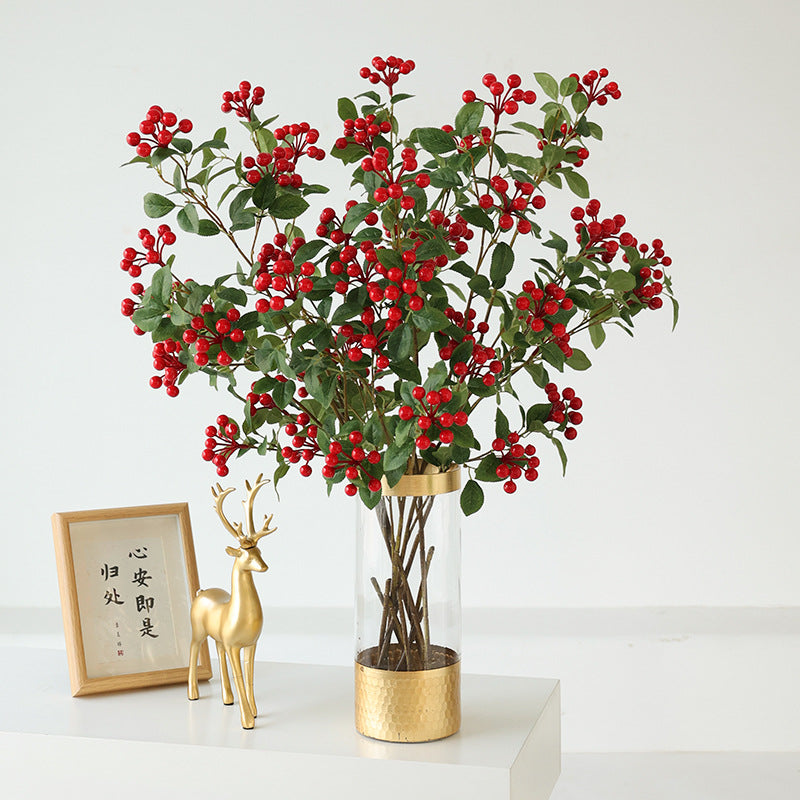 Realistic Green Plant with Decorative Red Berries and Leaves – Elegant Holly Fruit Home Décor for New Year Celebrations and Prosperity Decoration