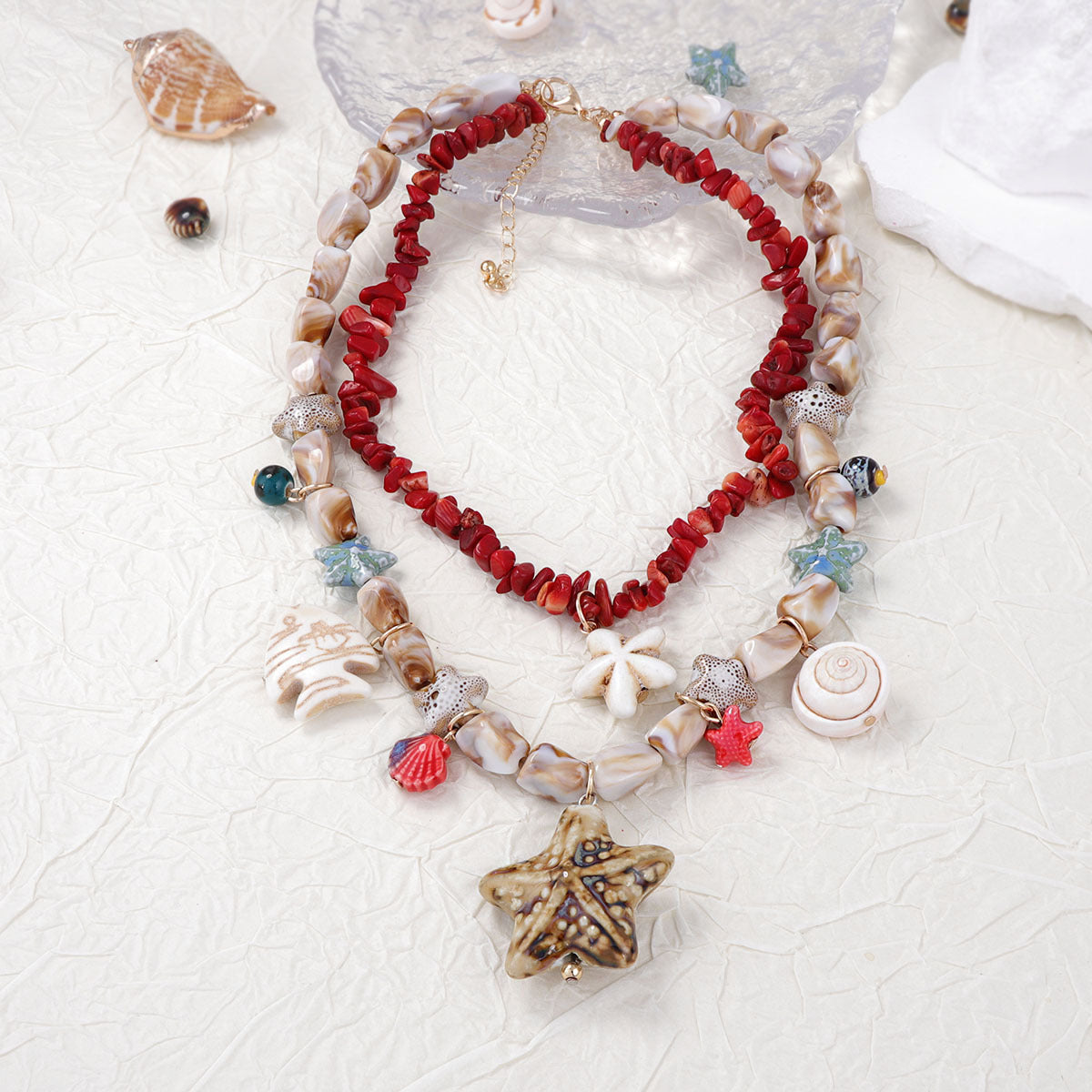 Stylish Layered Double-Strand Seashell and Starfish Design Necklace with Turquoise Ceramic Accents - Perfect for Ocean Getaways and Casual Wear