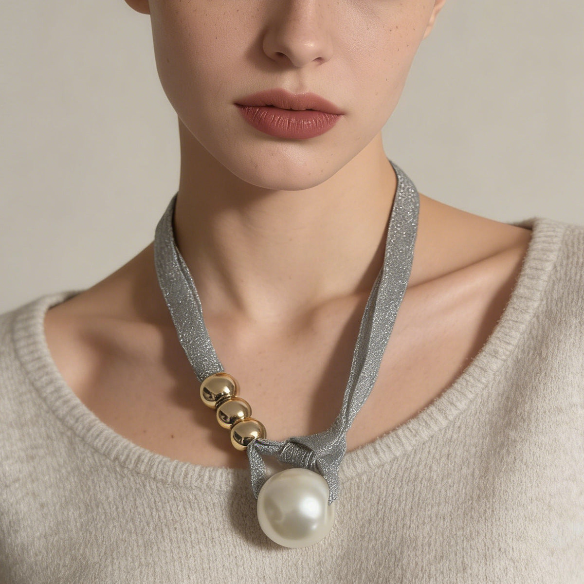 Elegant High-End Pearl Pendant Necklace with Sheer Gray Tulle - Luxurious Chic Design for Women