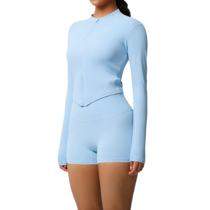 Breathable Zip Up Long Sleeve Yoga Set with Soft Brushed Fabric Slim Fit Shorts for Performance in Running and Training