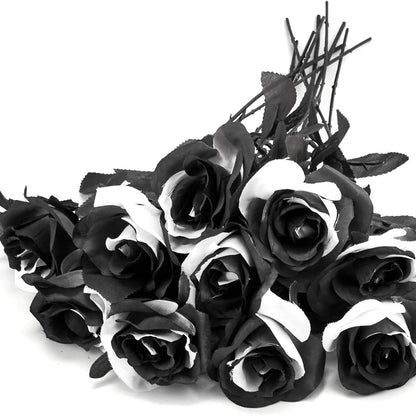 Single Black and White Rose Artificial Silk Flower - Perfect for Halloween Party Decorations, Wedding Photography Props, and Elegant Home Décor