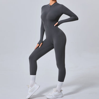 Form Fitting Women s Sports Bodysuit Without Cup Padding Long Sleeve Yoga Jumpsuit with Thumb Holes and Half Zip Front for Gym and Fitness Classes Model 5025