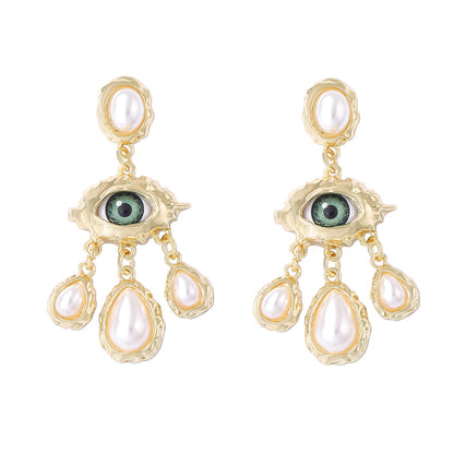 Stunning Vintage Devil's Eye Earrings with Rhinestone and Faux Pearl Accents - Exquisite Court-Style Tassel Design for Elegant Fashion