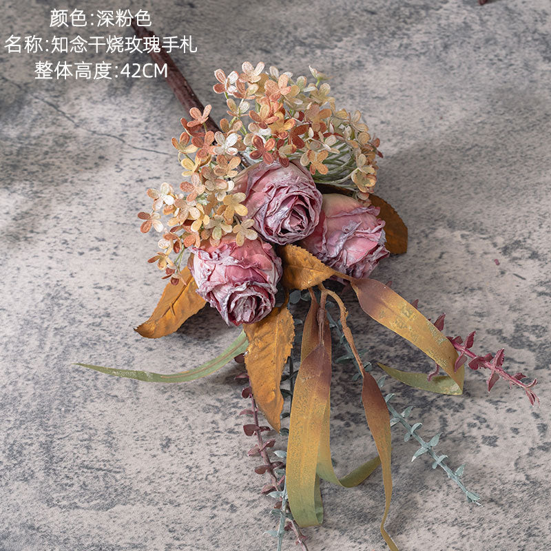 Chinen Dried Rose Handwritten Bouquet - Artificial Flower Decoration for Weddings & Events - Lifelike Green Plant Home Decor (MW89102)