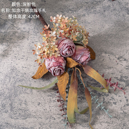 Chinen Dried Rose Handwritten Bouquet - Artificial Flower Decoration for Weddings & Events - Lifelike Green Plant Home Decor (MW89102)