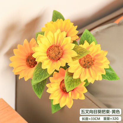 Realistic 5-Branch Sunflower Bouquet - Elegant Latin Daisy Silk Flowers for Stylish European Home Décor - Perfect for Rustic and Country Settings