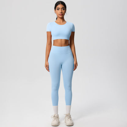 Soft Brushed Fabric Yoga Set with Built in Bra Short Sleeve Top High Waisted Butt Lifting Leggings for Running and Fitness