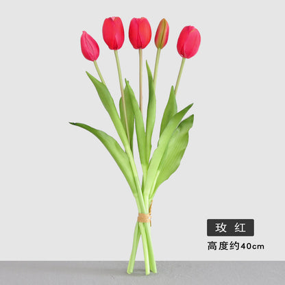 Realistic Faux Tulip Flower Arrangement - Soft Touch 5-Head PE Latex Silicone Home Décor for Living Room - Perfect for Year-Round Decoration and Allergy-Free Enjoyment