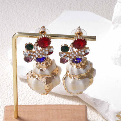 Exquisite High-End Zirconia Inlaid Faux Pearl Flower Conch Shell Pendant Earrings – Perfect for Ocean-Inspired Leisure and Vacation Style