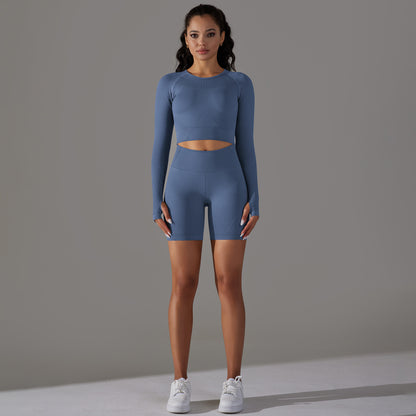 Seamless Knitted Color Solid Embroidered Yoga and Sportswear Set Long Sleeve T Shirt and Leggings for Running Fitness and Training